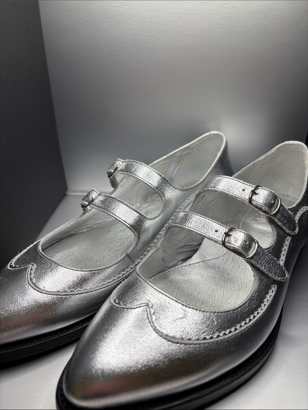 Office of Angela Scott Metallic Silver Double-Strap Mary Jane Flats - Women 9.5 - Picture 6 of 7